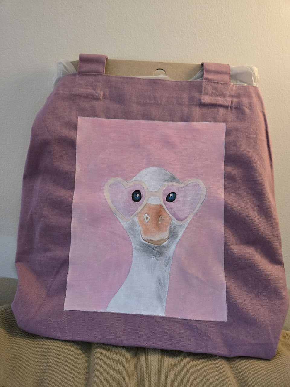 Purple tote with a hand-painted white bird