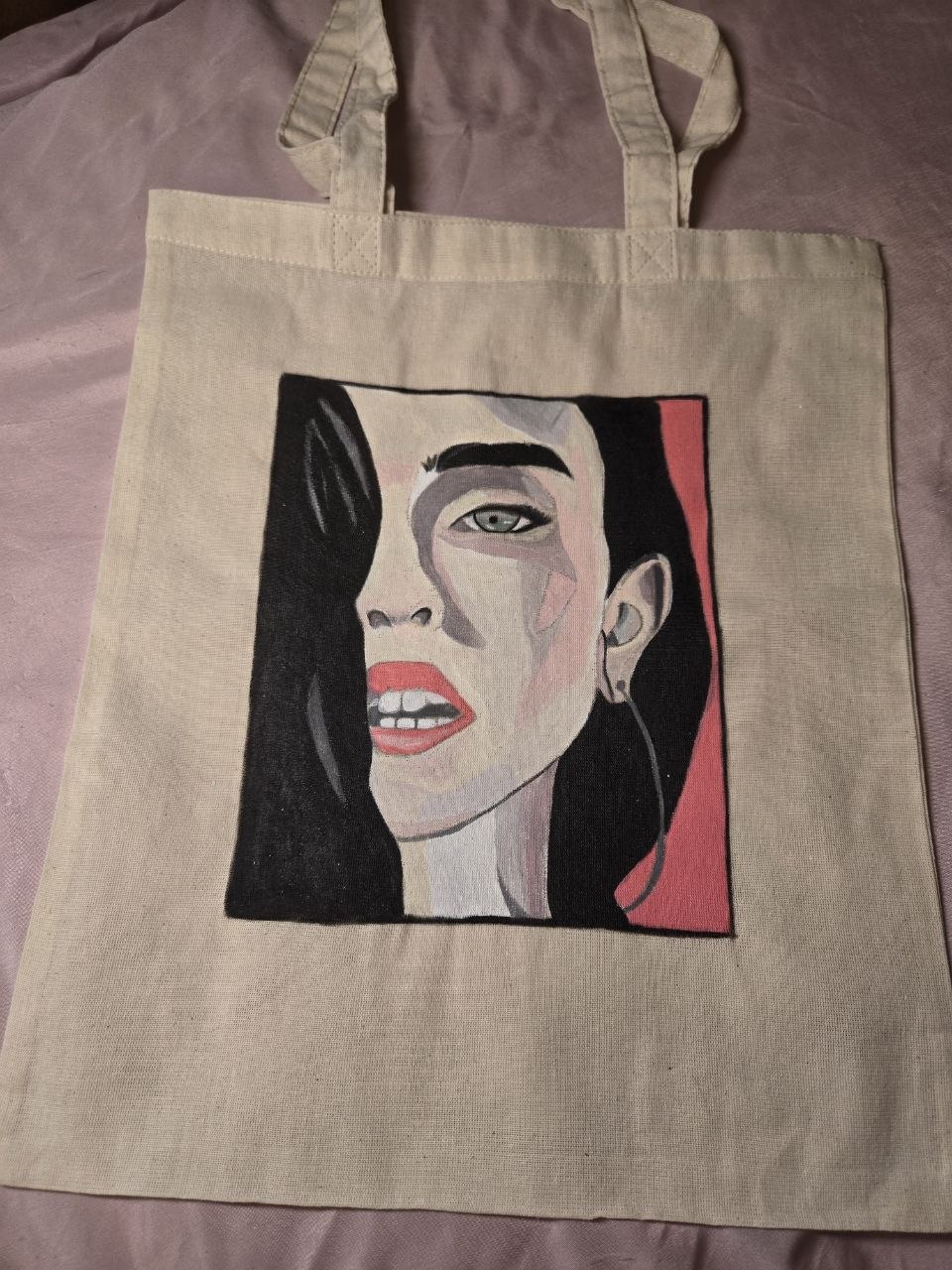Canvas tote with a bold painted fashion portrait