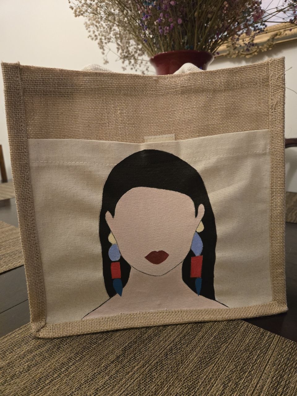 Jute tote bag with a hand-painted portrait