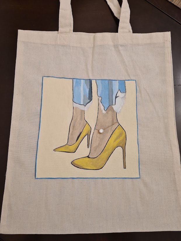 Canvas tote with hand-painted yellow boots