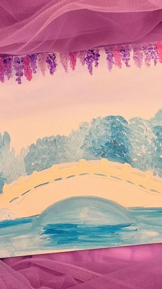 Acrylic painting of a bridge with wisteria and water