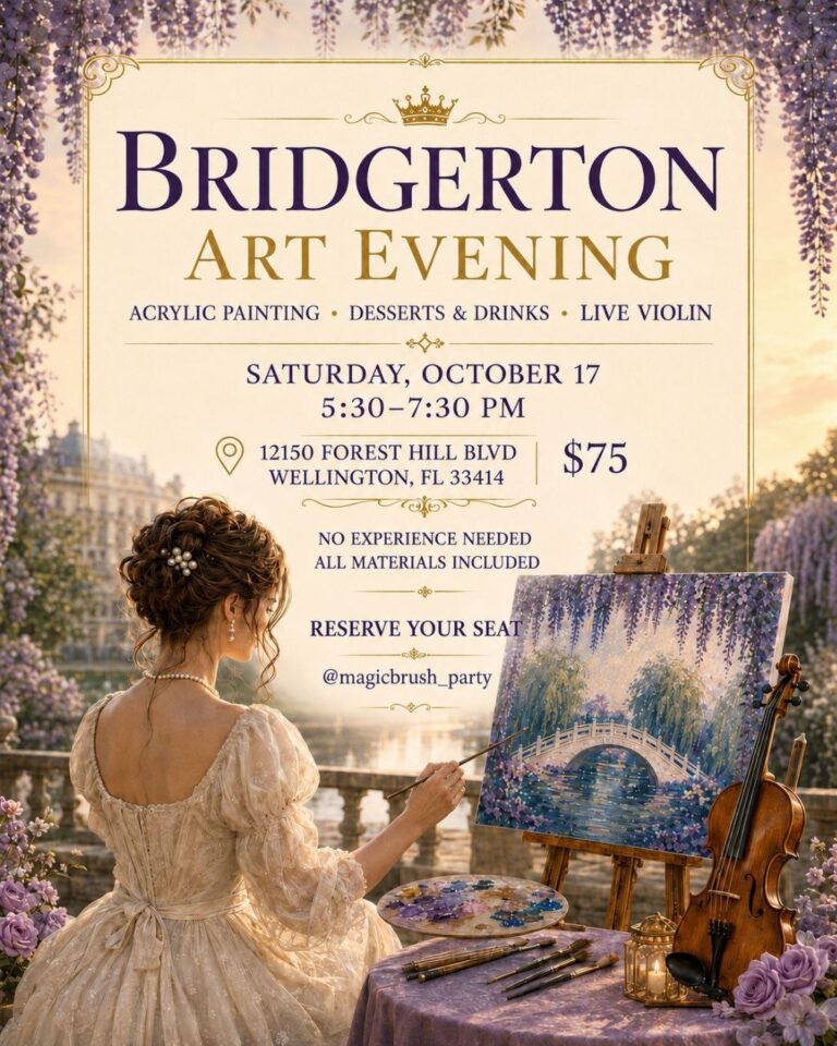 Bridgerton Art Evening poster with lavender florals, a painter and violin; October 17, 2026, 5:30–7:30 PM in Wellington, tickets $75.