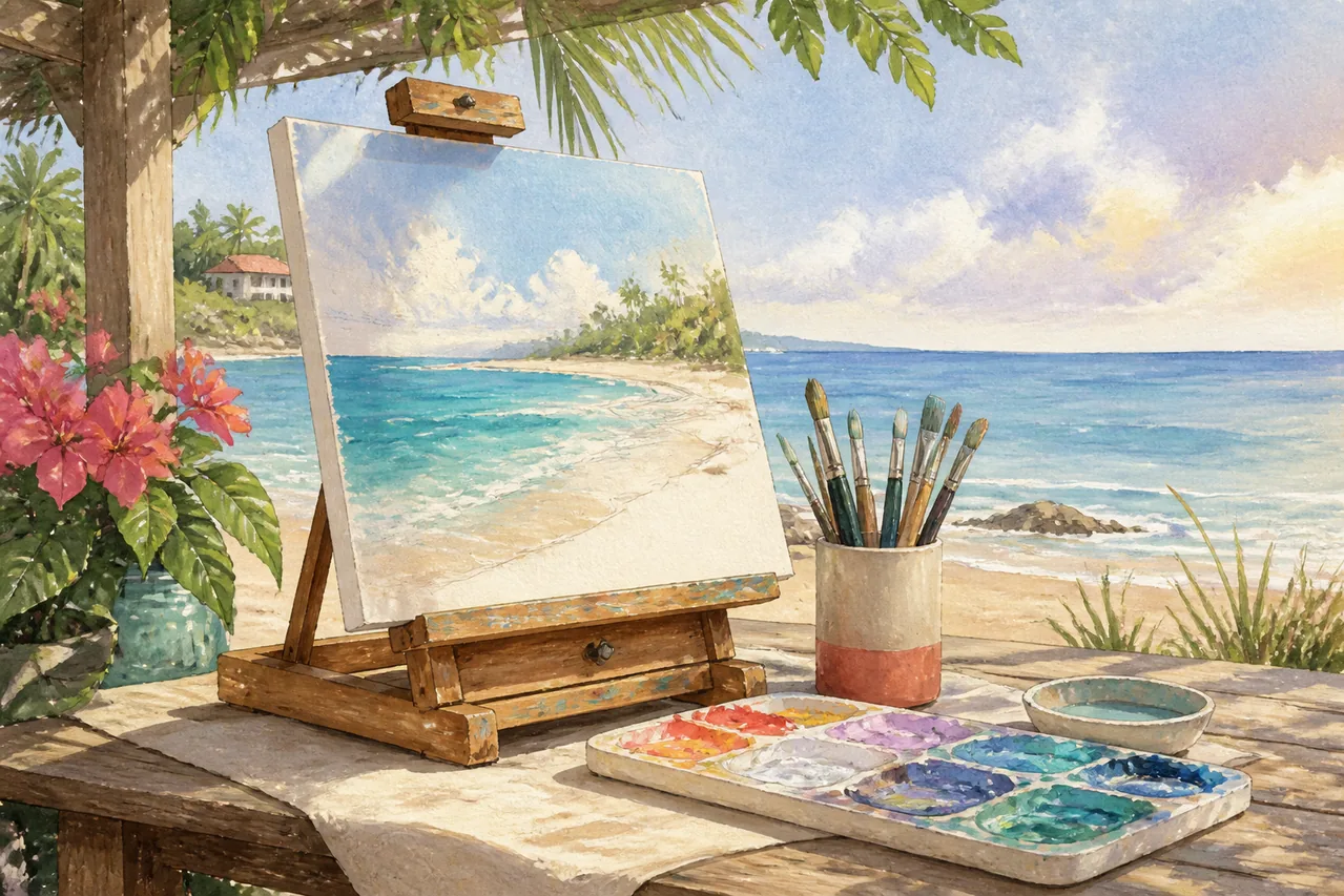 Colorful coastal painting scene with an easel and art supplies